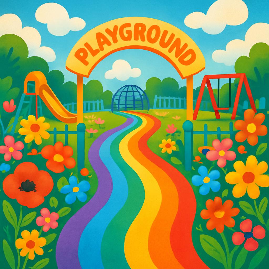 Friendly colorful illustration of a park with a rainbow path, a playground, and flowers.