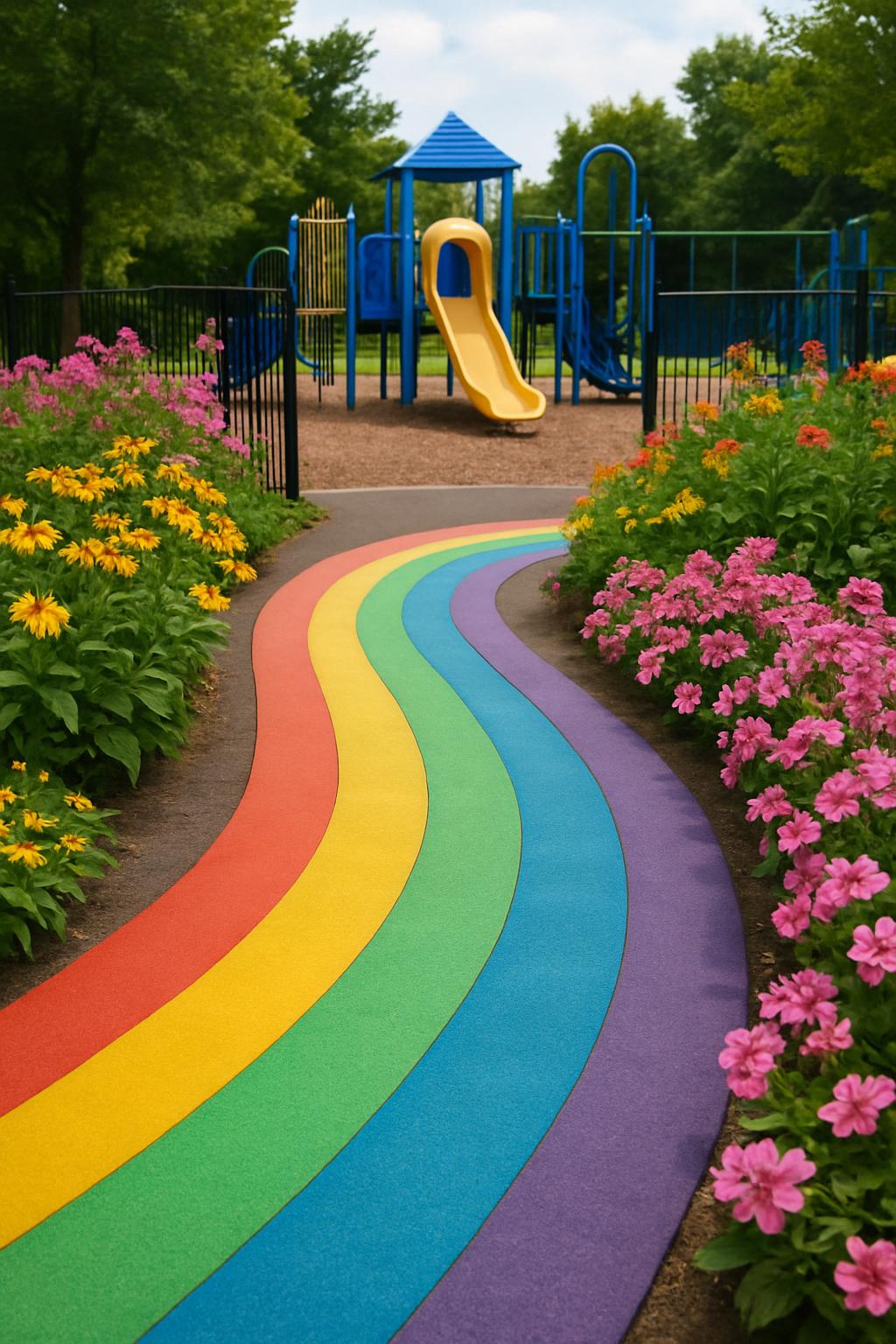 A winding rainbow-painted path in a community garden leading to a playground with yellow and blue equipment, surrounded by...