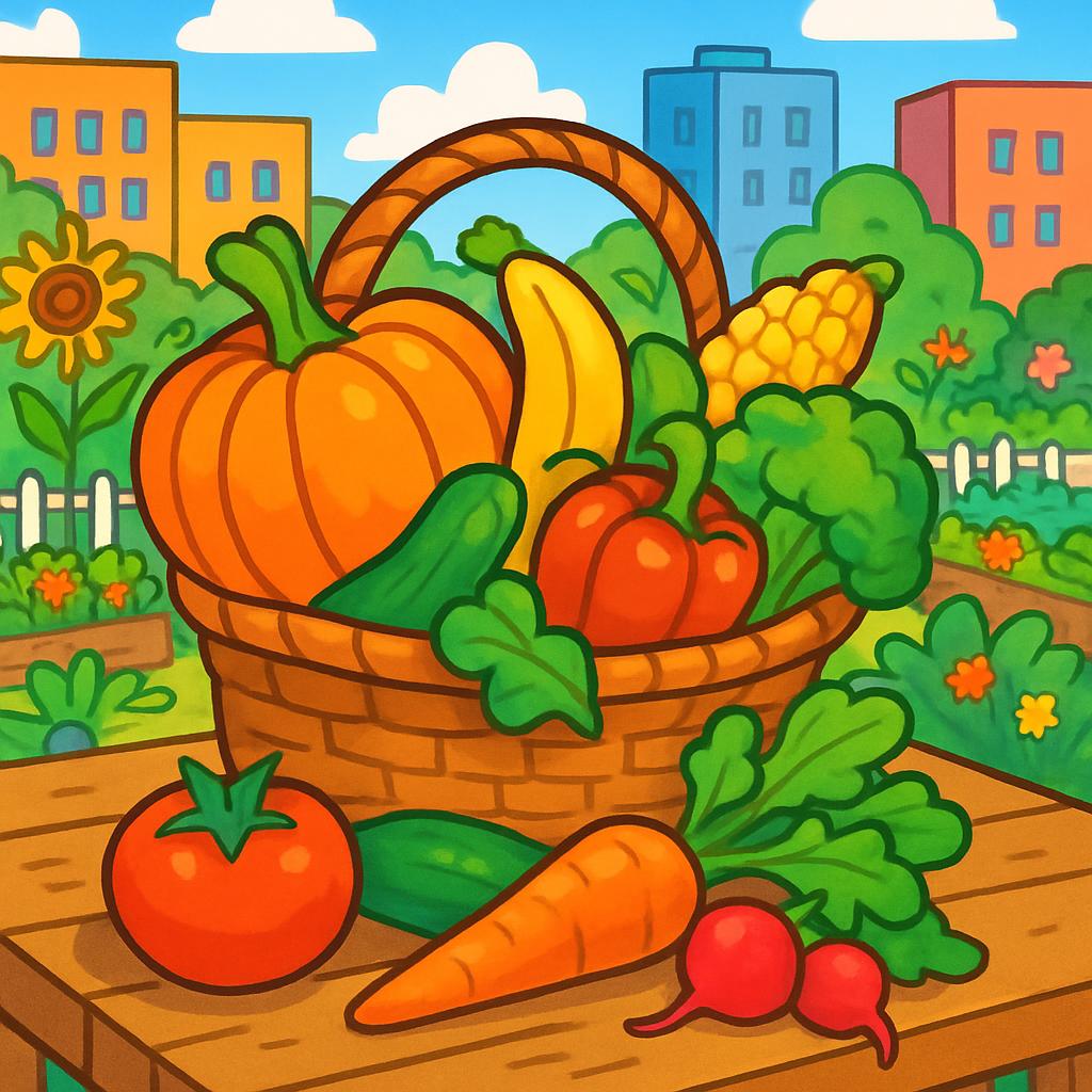 *Basket of Produce*: A colorful image of a cartoon basket overflowing with tomatoes, carrots, corn, peppers, radishes, pum...