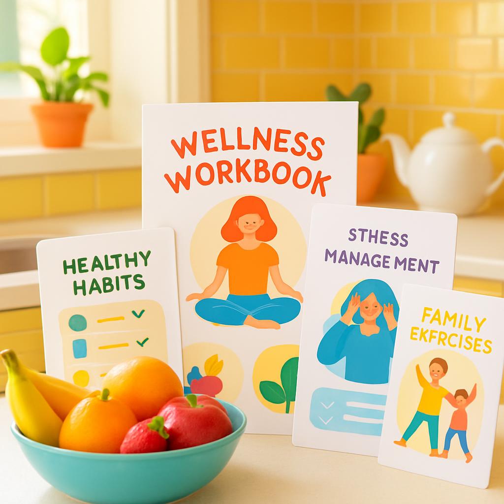A collection of wellness-related cards and a bowl of fruit on a kitchen table, featuring a woman meditating, another stres...