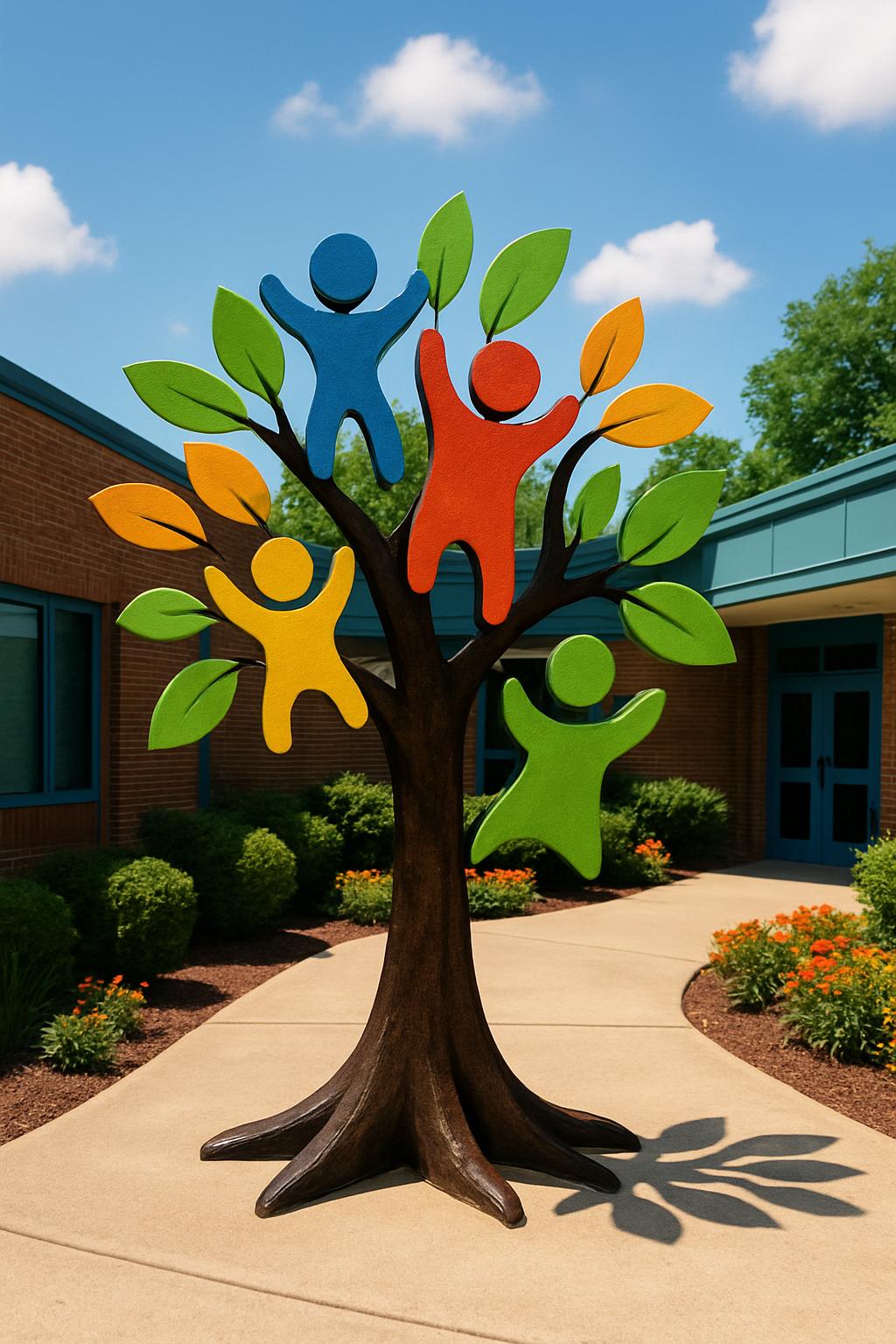 A brightly colored outdoor sculpture of four people of different colors on the branches of a tree, with leaves of various ...