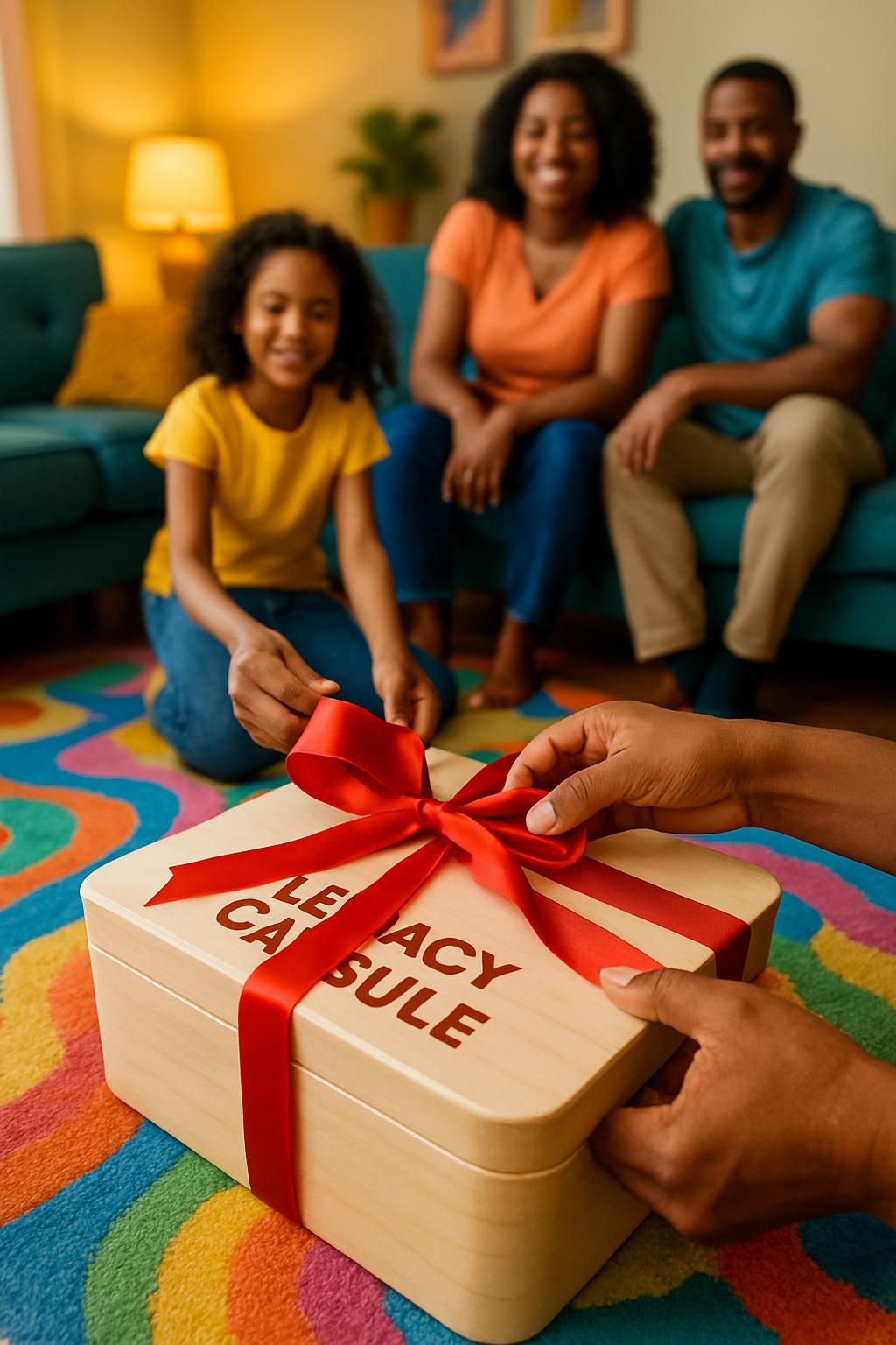 A family is sitting in the living room, with a person placing a gift-wrapped box on the floor that says 'Legacy Capsule'.